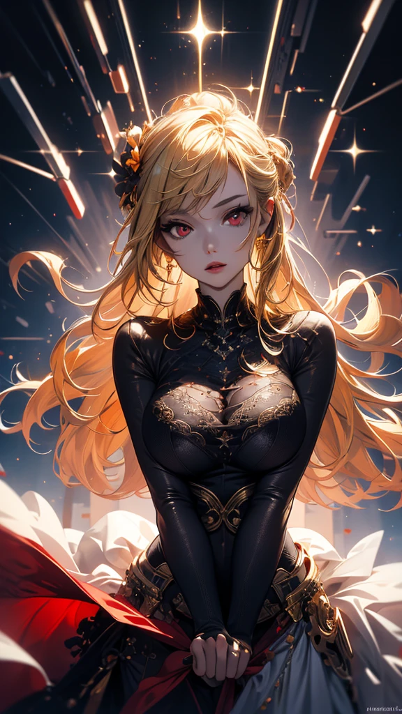 masterpiece, high quality, 4K, Beautiful design, silhouette，blonde， Highly detailed and amazing starry sky, Finer details,  Very knowledgeable woman, Highly detailed solo, 1 female,Red eyes，Big Breasts，Tight dress，