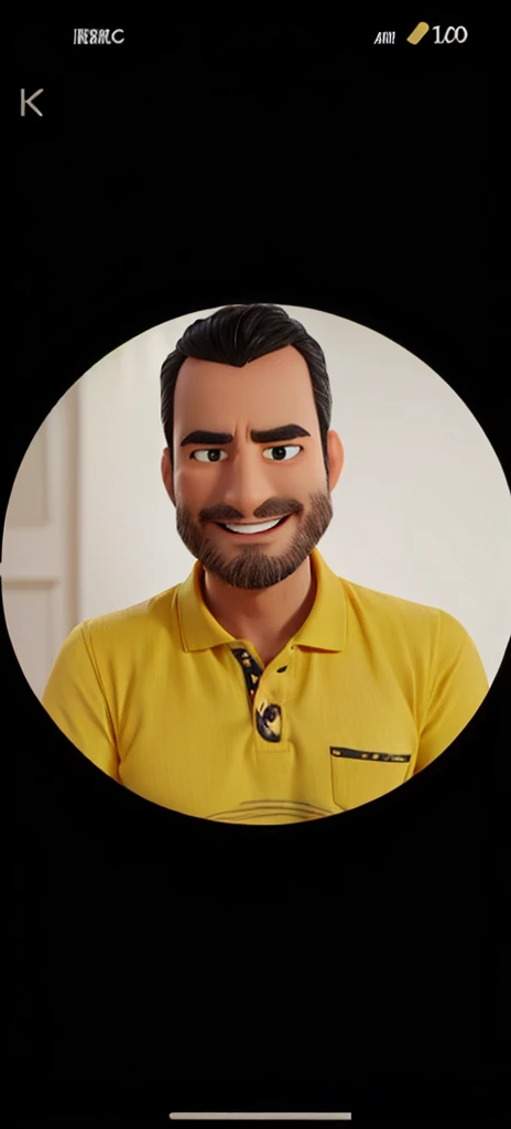 man smiling, black hair unshaven pixar style carton yellow polo shirt