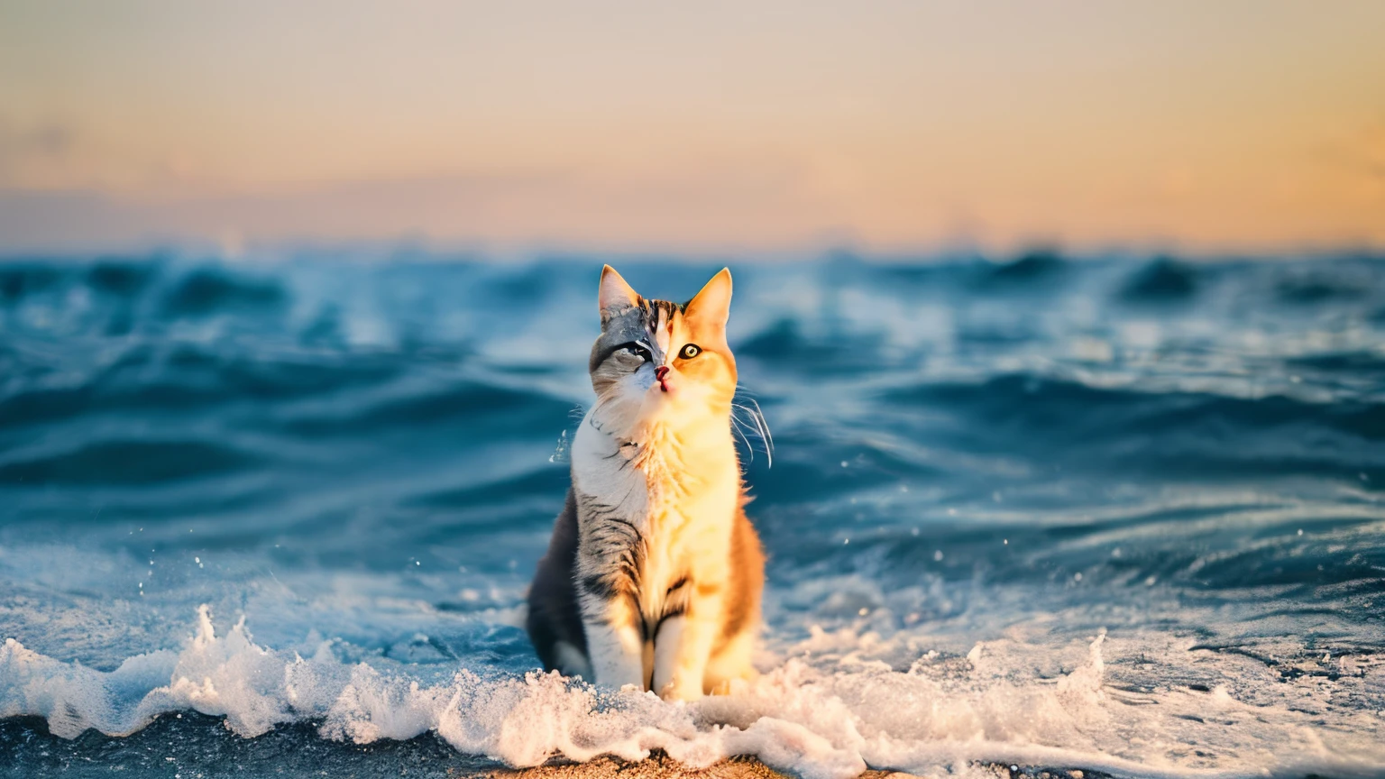 Fluffy cat、The color is a mixture of brown and white、A small smile、Feel the Waves、Cat size 30% Photo evening sea background、I see a little space