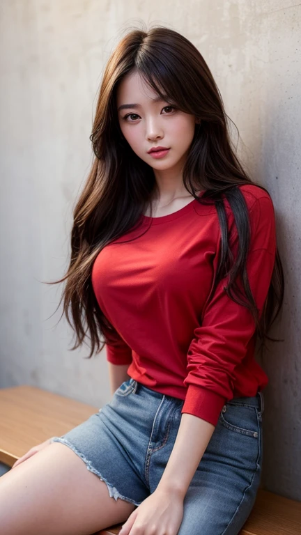 Highest quality、Japanese women、Beautiful beauty、sexy、Long Hair Style、Small face、Beautiful skin、Large breasts、Realistic、evening、Red shirt and jeans