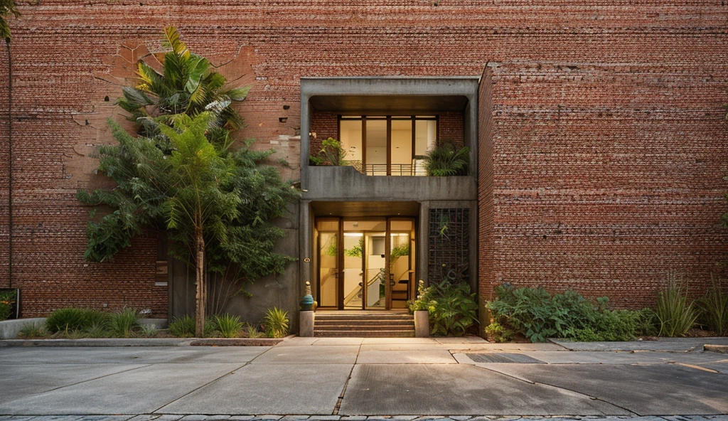 exterrior of house, modem style, brick wall, concrete yard, tropical landscape, twillight, high quality, masterpiece,