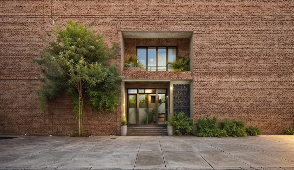 exterrior of house, modem style, brick wall, concrete yard, tropical landscape, twillight, high quality, masterpiece,