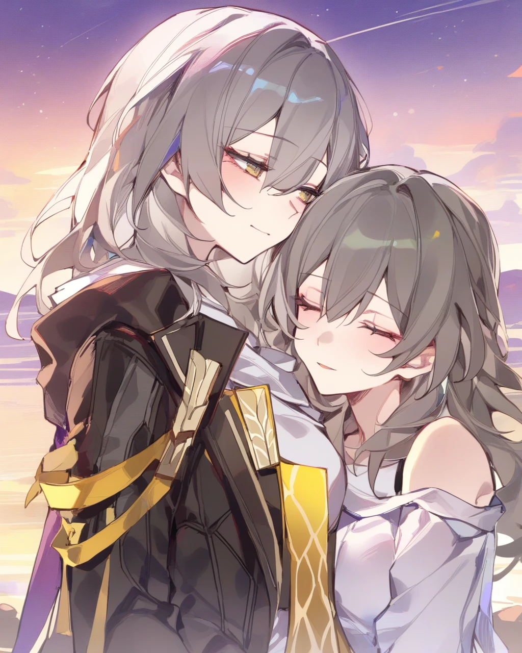 masterpiece,best quality,2girls, multiple girls, cocoballking, outdoors, upper body, grey hair, long hair, shirt, absurdres, closed eyes, commentary, firefly \(honkai: star rail\), grey eyes, head tilt, highres, honkai: star rail, honkai \(series\), stelle \(honkai: star rail\), trailblazer \(honkai: star rail\), white shirt, yuri