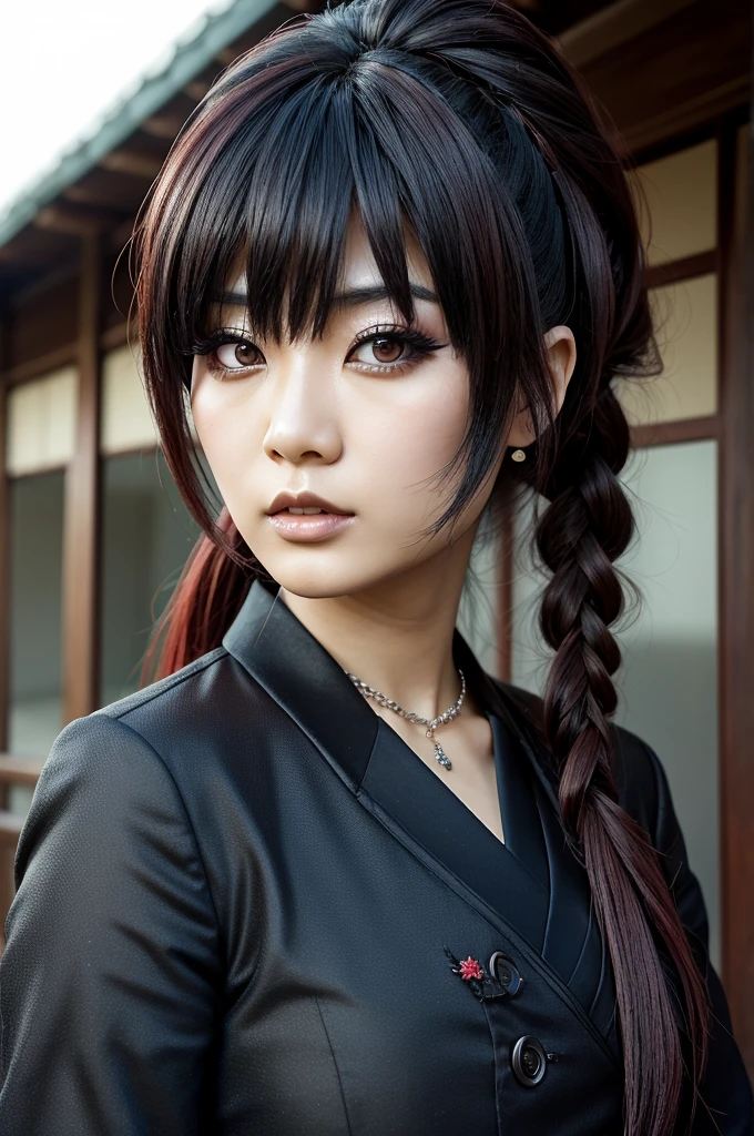 1 Japanese woman, Asian eyes, full body view, Visual kei hairstyle, 30 years old, Visual kei outfit, ultra detailed face and eyes, hyperrealistic, realistic representation