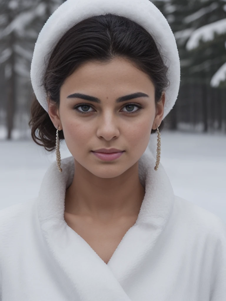 midbody photo of a dark arab queen in the snow, perfect hands, perfect body, perfect hair, hair behind ear, UHD, retina, masterpiece, accurate, anatomically correct, textured skin, super detail, high details, high quality, award winning, best quality, highres, 16k, 8k,
