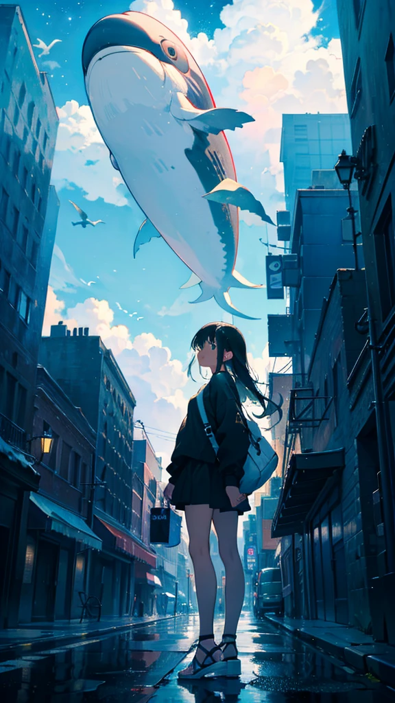 masterpiece, Exquisite detail,Highest quality, One girl, alone, handrail, cloud, Looking up at the buildings,Long Hair, zero, Long sleeve, Power lines, White footwear, Black Hair, View your viewers, Electric pole, bangs, cloudy zero, fish, bird, Green Eyes, Shorts, Day, Black Shirt, barefoot,Whale flying in the sky,Giant whale,night,Star,milky way,night,Pitch black,Buildings,Standing and looking up