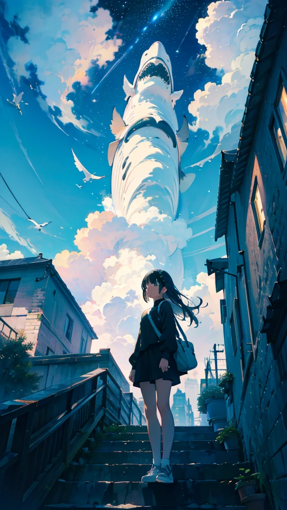 masterpiece, Exquisite detail,Highest quality, One girl, alone, handrail, cloud, Looking up at the buildings,Long Hair, zero, Long sleeve, Power lines, White footwear, Black Hair, View your viewers, Electric pole, bangs, cloudy zero, fish, bird, Green Eyes, Shorts, Day, Black Shirt, barefoot,Whale flying in the sky,Giant whale,night,Star,milky way,night,Pitch black,Buildings,Standing and looking up