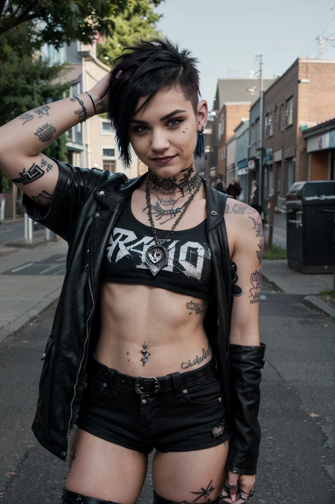 Tattooed, pierced, short edgy hair, punk rock, dark clothing, rebellious, outspoken, smiling, full color, real teen 18 years old, 4k, portrait shot close, Hair: Short and edgy
Accessories: Tattoos and piercings
Style: Punk rock and dark clothing
Expression: Rebellious and outspoken