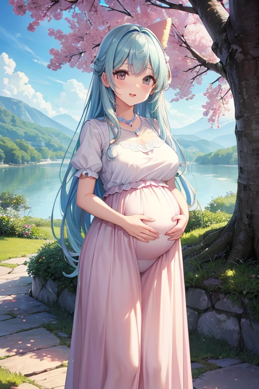 (highest quality、masterpiece、8k、best image quality、hyper realism、Award-winning work)、1 pregnant woman、(独奏:1.1)、(1 photo:1.1)、(Height: 140cm:1.1)、(low length:1.1)、(Lolita:1.1)、(Feminine and girly cute accessories:1.1)、(フェミニンでガーリーな可愛いLolita少女:1.1)、(Elegant pastel light blue T-shirt:1.1)、(Pastel light pink berry long flare skirt:1.1)、(late pregnancy:1.2)、Standing gracefully、(Random beautiful nature scenery background:1.1)、(Spectacular and mysterious scenery:1.1)、(beautiful clear sky:1.1)、(beautiful thunder clouds:1.1)、Full body photo of a woman standing gracefully with the biggest smile looking at me、accurate anatomy、perfect makeup、long eyelashes、glossy lips、Ultra high definition glossy skin、(Ultra-high definition bright and beautiful skin:1.1)、Ultra-high definition glossy lips、Super high definition beautiful teeth
