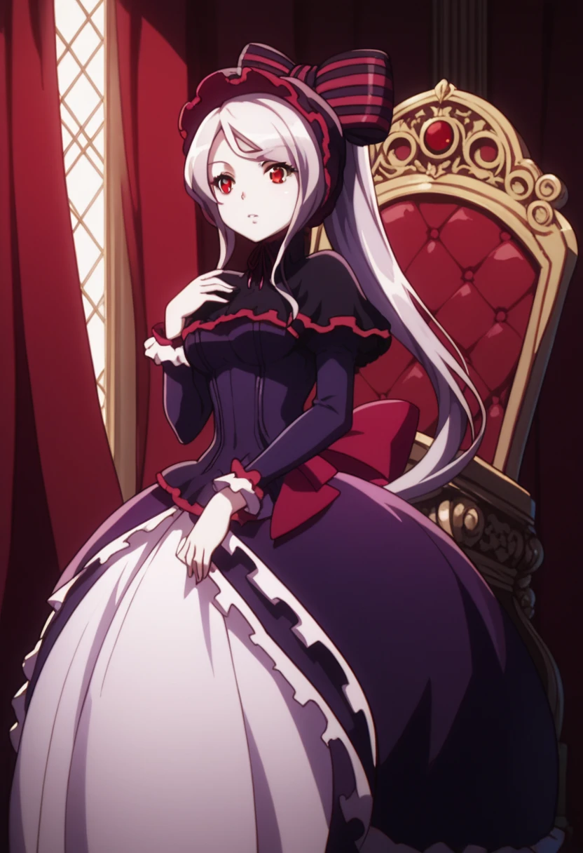 score_9, score_8_up, score_7_up, solo, 1girl, shalltear bloodfallen, anime style, bonnet, hairbow, silver hair, pale skin, red eyes, throne room, hd, detailed, PURPLE DRESS, 
