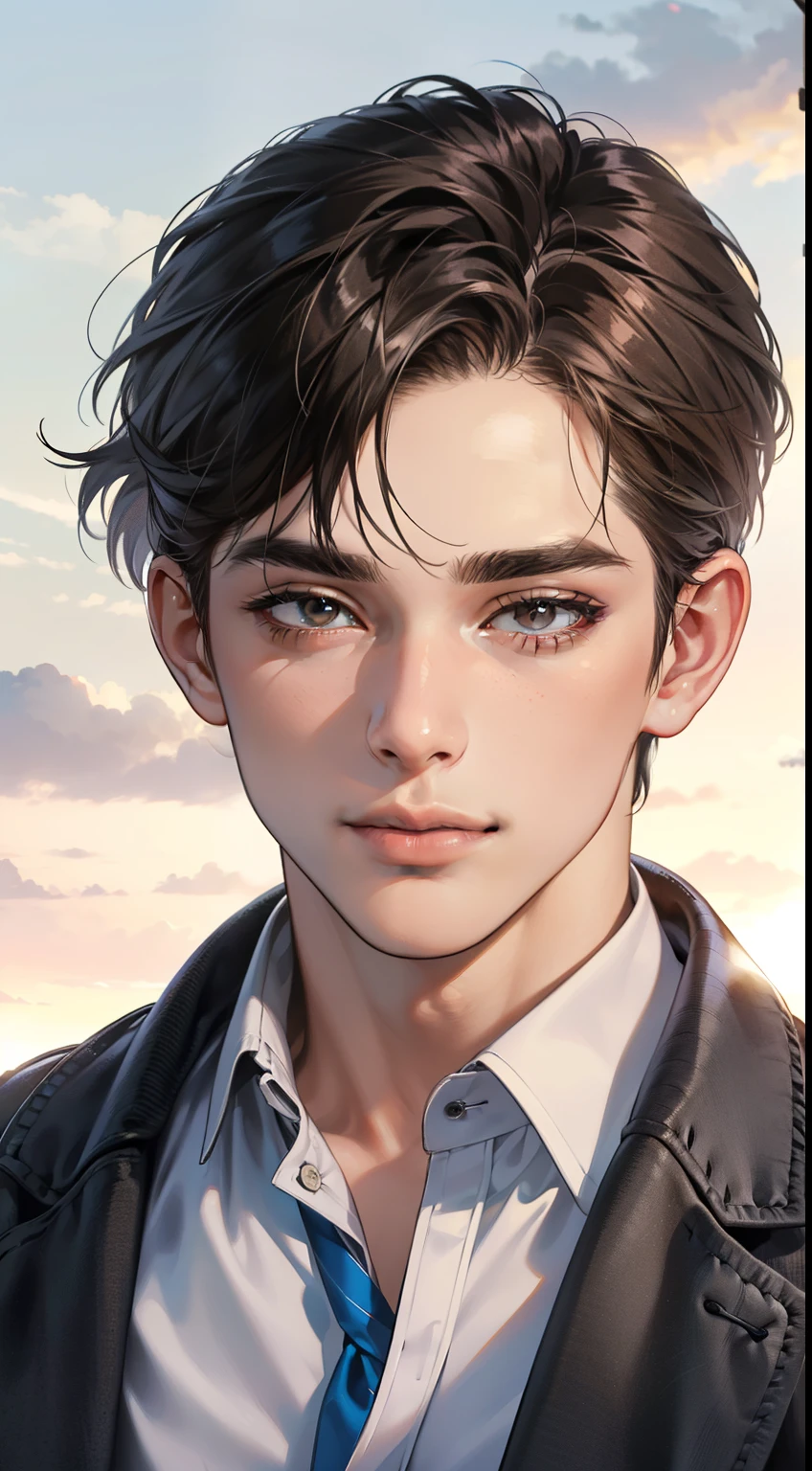 a handsome mature man, 25 years old, with a charming and calm expression, short dark brown hair swept to the right, thick eyebrows, dark eyes, a closed-mouth smile, extremely detailed face, cold smile, portrait, western, jewish, light brown skin, best quality, realistic, (best quality,4k,8k,highres,masterpiece:1.2),ultra-detailed,(realistic,photorealistic,photo-realistic:1.37)