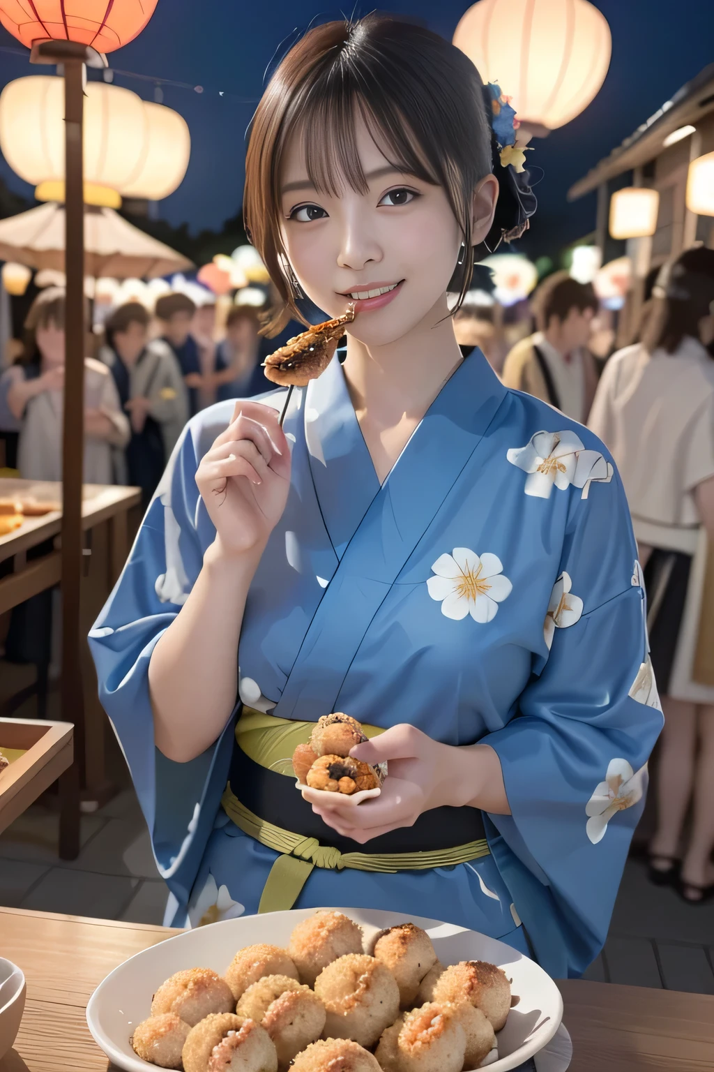 top-quality,fullbody shot,,super high resolution,(Realistic:1.4),Raw photography, Jersey,
generally, (Girl in A floral Yukata:1.2), Blowing in the wind,Summer festival,night,Opening a store,Spirit Stream,Large fireworks, short hair bun Break 8K, (RAW Photos: 1.2), (realism: 1.4), (Tabletop: 1.3), (Exquisite detail: 1.2), Delicate and beautiful details, (Eye details), (Facial details), (highest quality) :1.4), (Super Resolution: 1.2), Cinematic light, (Highly detailed illustration), (eyelash, highest quality, Super Resolution, Depth of written boundary, Wide Light, Natural Shadows,random cute pose, large breasts, five fingers, big smile, (While stuffing her face with Bite-sized takoyaki:1.2), (Japanese Summer festival:1.2),