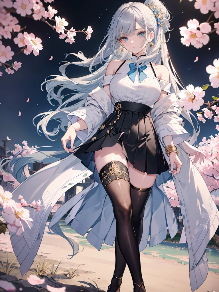 8k,High resolution RAW color art, Anime Art,Silver Marble Skin, (((Highly detailed elegant))), Detailed skin, texture,(Exquisitely crafted, The finer details, Ultra-detailed art), (1 Girl), Depth of written boundary, Silky Touch, Hyper Detail, Cool face, eye shadow、Armed pretty woman, Beautiful attention to detail, Beautiful lip detail, Highly detailed face, Delicate depiction of hair and eyes, Detailed Fashion, Blue sparkling eyes, Earrings, Slightly larger breasts,Full body depiction, ,Focus on the user、Stylish white off-shoulder pants、((((Black above the knee skirt)))、Black tights up to the knee、Thighs、Golden decoration, Gray Hair, Golden bracelet, Long Straight Hair, Light blue outer color、(((Hair)))、sweater、Cherry Blossoms at Night(Lesoonlight、肌面積Lesature)))、Calm background