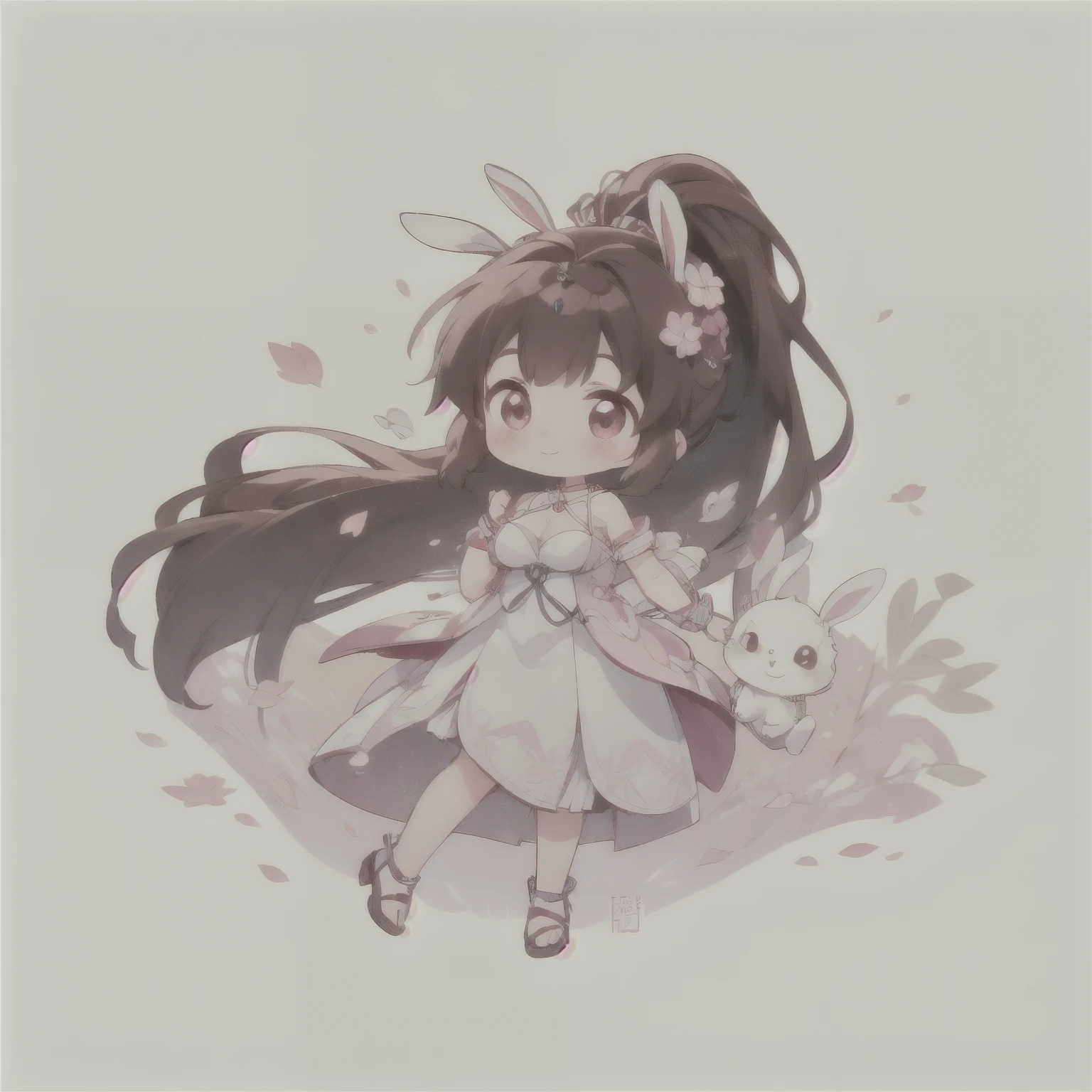 best quality, Cute light-skinned ,chibi anime,chibi, Long brown hair，High Ponytail，((Rabbit ear hair ornaments)),Shouhui,cute，Pink Eyes,（((full body))），Hopping around in the forest，forest，Falling pink petals，White long skirt，revel,Long skirt，Silver pattern，1girl,Bare legs,big breast,cleavage，Bright colors，Solid color background,Black edge line，White background，Solid color background，jewelry，Jewelry