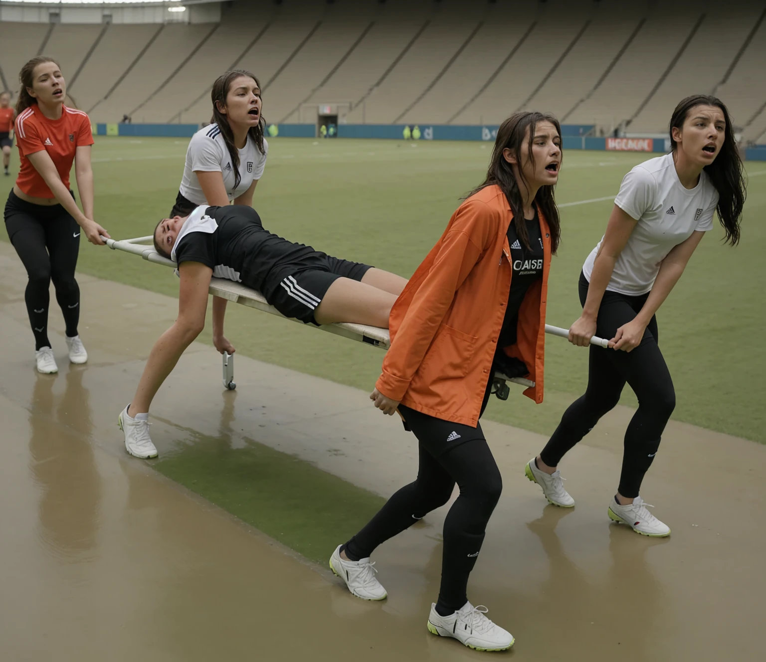a soccer scene in a sports stadium, cool and wet weather conditions, humide ground, rainy sky, injury scene in a sports stadium, stretcher carry, there are four female medics carrying a stretcher, there are four female medics in very shiny coats who are carrying a stretcher in a sports stadium, there is a wounded male soccer player in a matte short cotton sports outfit lying on the stretcher, an injured male soccer player in matte cotton sportswear is lying in pain on a stretcher, a soccer player in matte cotton sports clothes is rearing up in intense pain while lying on a stretcher, dramatic scene, theatralic posing scene, dramatic pity scene, injury soccer, first aid, help, pity, there are four female medics in wetlook high-shine coats who are looking very sad and very terrified and very shocked, the injured soccer player is screaming out in pain while he is carried from the pitch on a stretcher