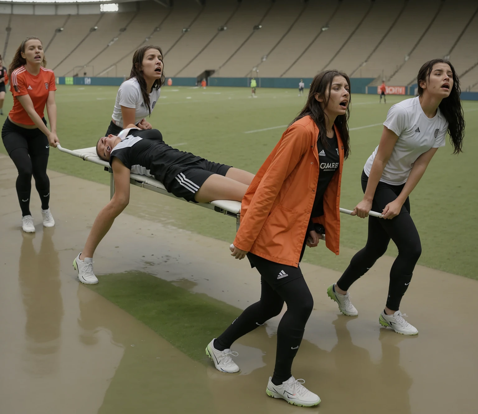 a soccer scene in a sports stadium, cool and wet weather conditions, humide ground, rainy sky, injury scene in a sports stadium, stretcher carry, there are four female medics carrying a stretcher, there are four female medics in very shiny coats who are carrying a stretcher in a sports stadium, there is a wounded male soccer player in a matte short cotton sports outfit lying on the stretcher, an injured male soccer player in matte cotton sportswear is lying in pain on a stretcher, a soccer player in matte cotton sports clothes is rearing up in intense pain while lying on a stretcher, dramatic scene, theatralic posing scene, dramatic pity scene, injury soccer, first aid, help, pity, there are four female medics in wetlook high-shine coats who are looking very sad and very terrified and very shocked, the injured soccer player is screaming out in pain while he is carried from the pitch on a stretcher