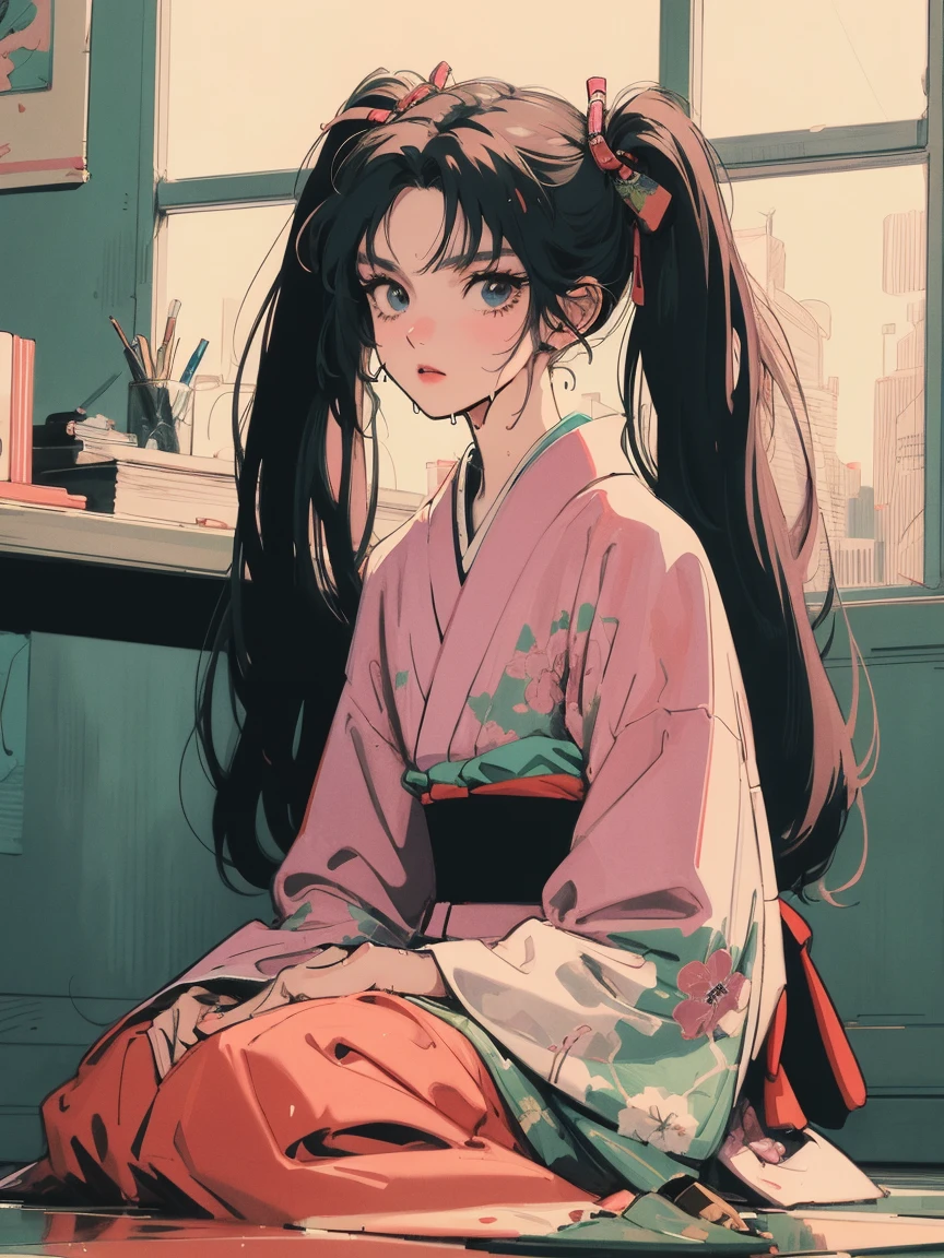 anime girl sitting on floor looking out window at city, anime aesthetic, anime vibes, Lofi Artstyle, Lo-fi portrait. anime, Lofty Girl, anime art wallpaper 4 k, anime art wallpaper 4k, anime art wallpaper 8 k, anime background art, Lofi Color, Lofi Art, anime asthetic, Twin tails, City of night, Tokyo, Wet day, kimono, kimono, Inside the room, Sit in front of the PC