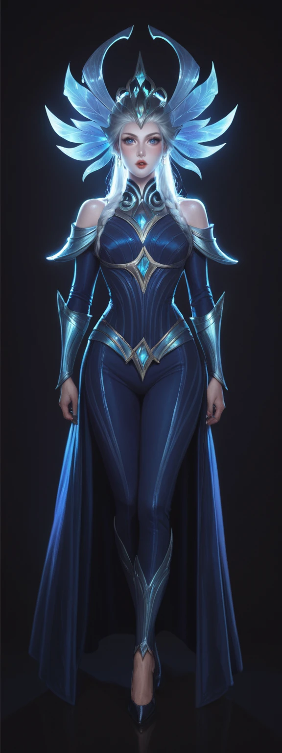 realistic, score_9, score_8_up, score_7_up, score_6_up, 
1girl, solo, from front, full body, Lissandra \(league of legends\),  black background, makeup, sidelighting, backlighting, glowing,