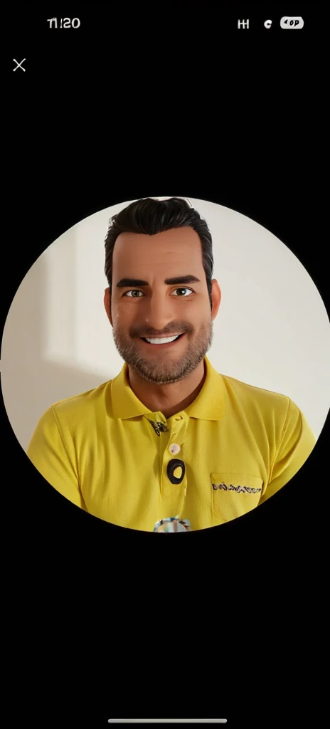man smiling, black hair unshaven pixar style carton yellow polo shirt.  with the best quality