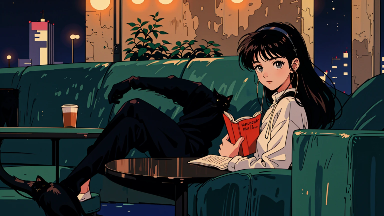 best quality, 8k, 1990s style,2010s hairstyles, 21 year old girl, black hair, long hair, light brown eyes, city pop, pants ,night view, wearing headphones,reading a book, whole body,  relax coffee,table,confection,Looking at me, Black cat
