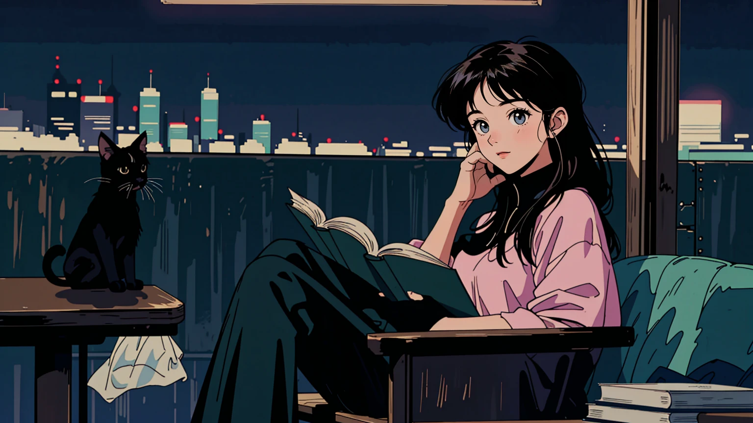 best quality, 8k, 1990s style,2010s hairstyles, 21 year old girl, black hair, long hair, light brown eyes, city pop, pants ,night view, wearing headphones,reading a book, whole body, relax coffee,table,confection,Looking at me, Black cat