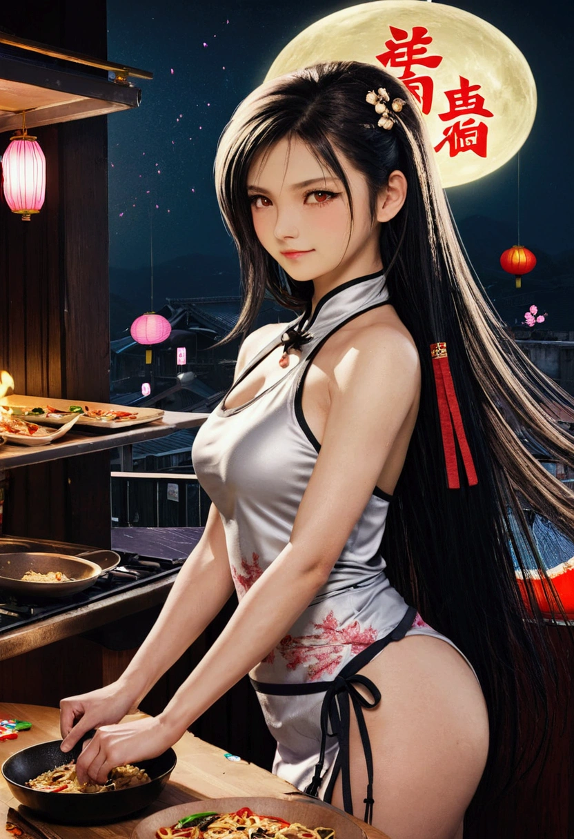Highest quality, Super quality, 16K, Incredibly absurd, Very detailed, delicate and dynamic, SFW, Natural light, , Diffuse reflection of light, Vortex of Light, Dirty food stall, Chinese fast food, Old Chinese food stall, , , , Create amazing image effects, Kitchen, Taiwan, Taipei, (cute sexy girl, healthy shaped body, sexy long legs, Chinese food stall chef, Sensual expression, fine, Active, smile, Stove, Chinese pan, stir fry, Busy, Sweaty, black long hair, Naked Apron,,,)