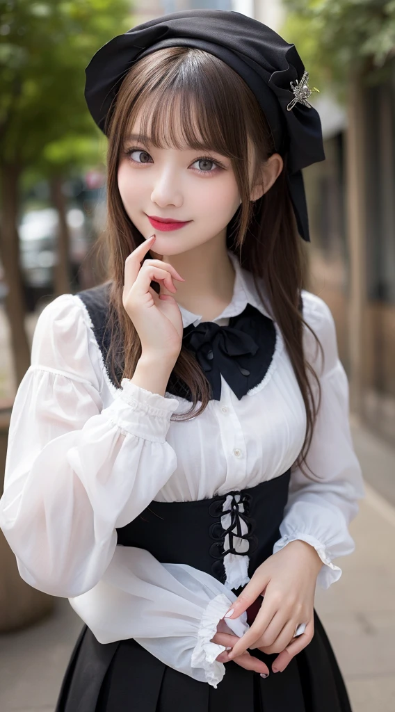 table top, highest quality, figure, super detailed, finely, High resolution, 8k wallpaper, Perfect dynamic composition, beautiful and fine eyes, medium hair,small breasts natural color lip, bold sexy pose,smile,harajuku、20 year old girl、cute、sexy shot looking at camera、gothic lolita clothes、skirt、blouse