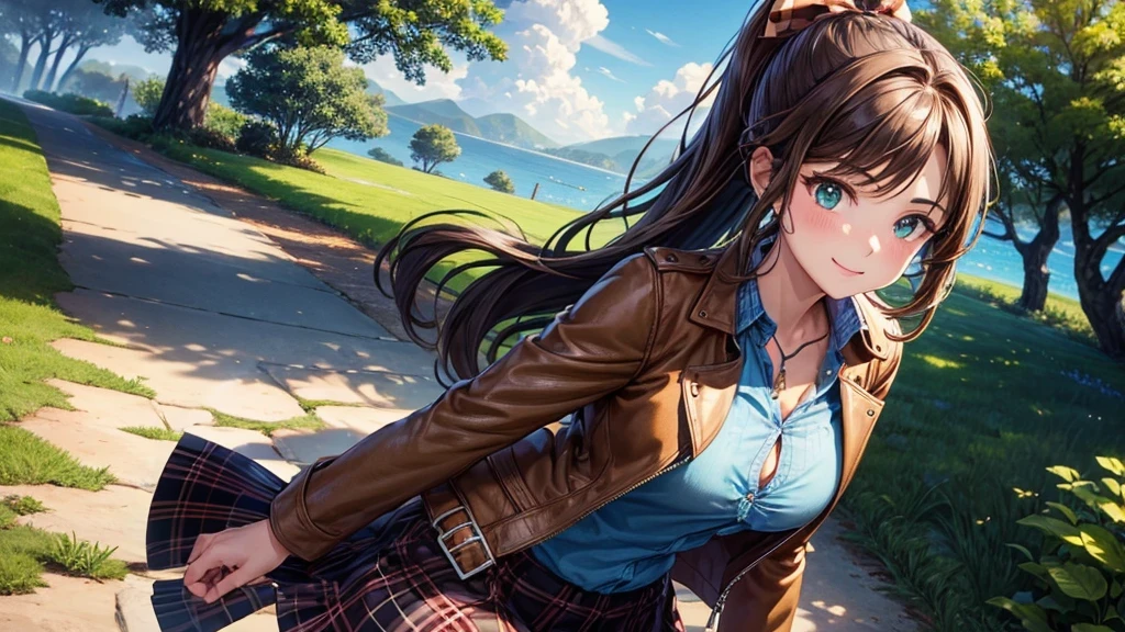 1girl, solo, full body, village, trees, sun, clouds, ((brown hair)), ponytail, large breasts, ((brown leather jacket)), button down shirt, ((blue checked shirt)), ((unbuttoned shirt)), unbuttoning buttons, cleavage 1:3 green eyes, long skirt, brown boots, smile, happy, looking at the viewer, standing, hair ribbon, golden necklate