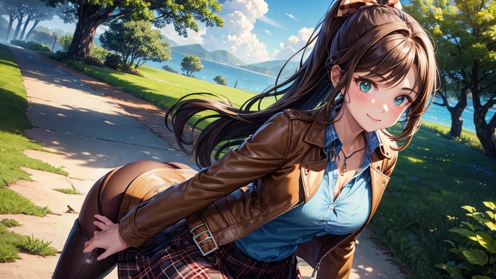 1girl, solo, full body, village, trees, sun, clouds, ((brown hair)), ponytail, large breasts, ((brown leather jacket)), button down shirt, ((blue checked shirt)), ((unbuttoned shirt)), unbuttoning buttons, cleavage 1:3 green eyes, long skirt, brown boots, smile, happy, looking at the viewer, standing, hair ribbon, golden necklate