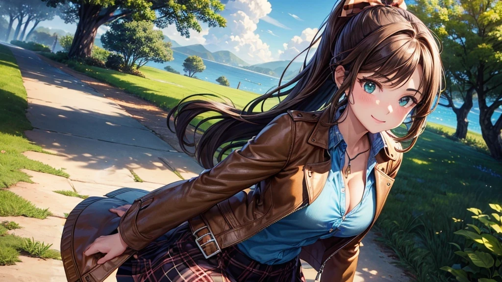 1girl, solo, full body, village, trees, sun, clouds, ((brown hair)), ponytail, large breasts, ((brown leather jacket)), button down shirt, ((blue checked shirt)), ((unbuttoned shirt)), unbuttoning buttons, cleavage 1:3 green eyes, long skirt, brown boots, smile, happy, looking at the viewer, standing, hair ribbon, golden necklate