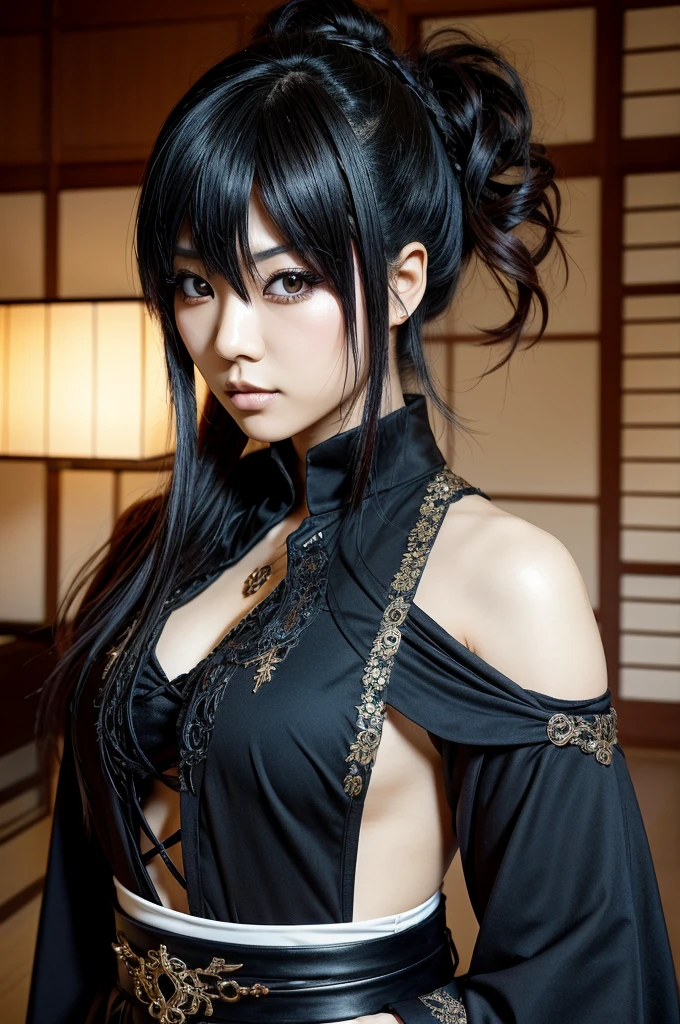 1 Japanese woman, Asian eyes, full body view, Visual kei hairstyle, 30 years old, Visual kei outfit, ultra detailed face and eyes, hyperrealistic, realistic representation