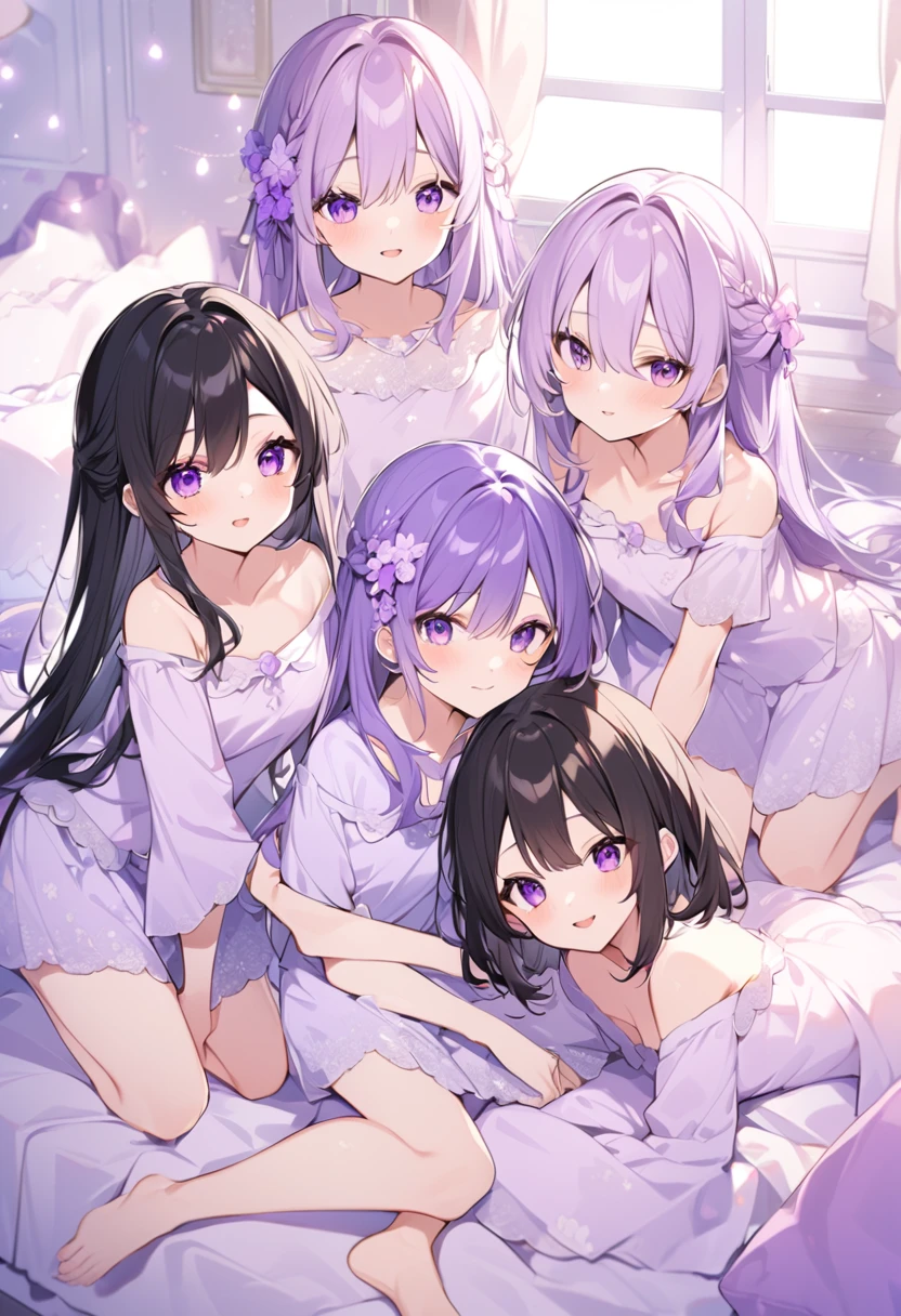Keito。Purple pajamas。Purple Eyes。Black Hair。barefoot。7 Sisters。Both of them have light purple hair.。all female。Seven siblings。Purple bed