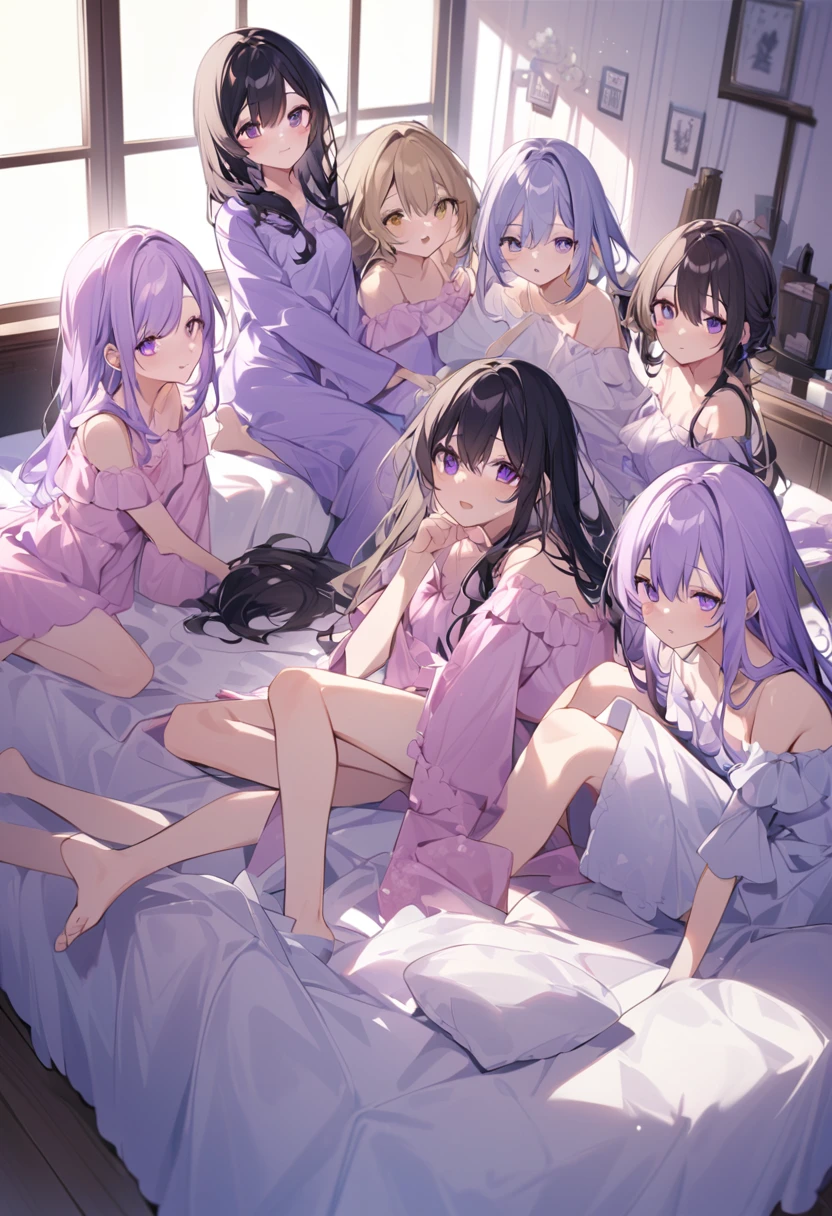 Keito。Purple pajamas。Purple Eyes。Black Hair。barefoot。7 Sisters。Both of them have light purple hair.。all female。Seven siblings。Purple bed
