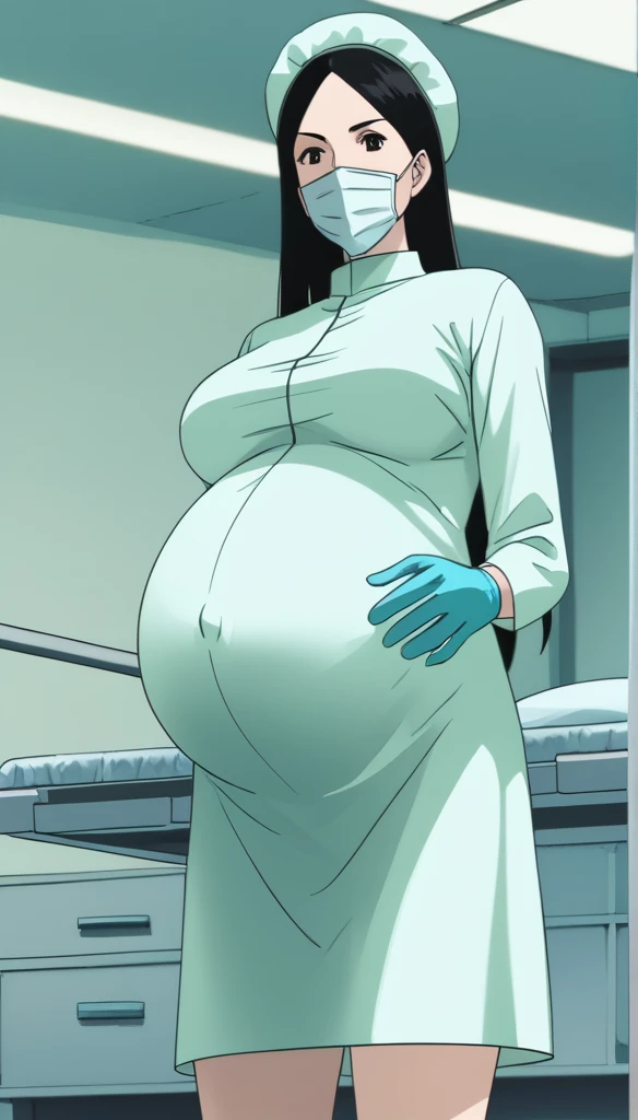 score_9, score_8_up, score_7_up, source_anime, raw image, masterpiece, highest quality, kasuganoray, pale skin, eyes pay attention, long black hair, big breasts, scrubs, surgical mask, bouffant cap, long sleeve maternity dress, put on another long sleeved coat, seamless, navel head, the dress isn't wrinkled, long white stockings,
1girl, pregnant, solo, long rubber gloves, looking down, look at viewer, furrowed brow, hospital bed, light shines from the ceiling, standing, patient room background, she is inquiring about the patient's condition