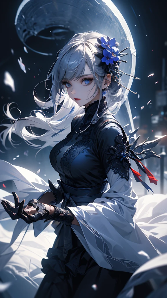 masterpiece, high quality, 4K, Beautiful design, silhouette,Gray Hair, 非常に詳細な夜のStarry Sky,Flower Field, wonderful, Finer details, Very knowledgeable woman, Highly detailed solo, 1 female,blue eyes,Big Breasts,Gothic ta Fashion,Night view,Starry Sky,Blue Full Moon,ice World,
