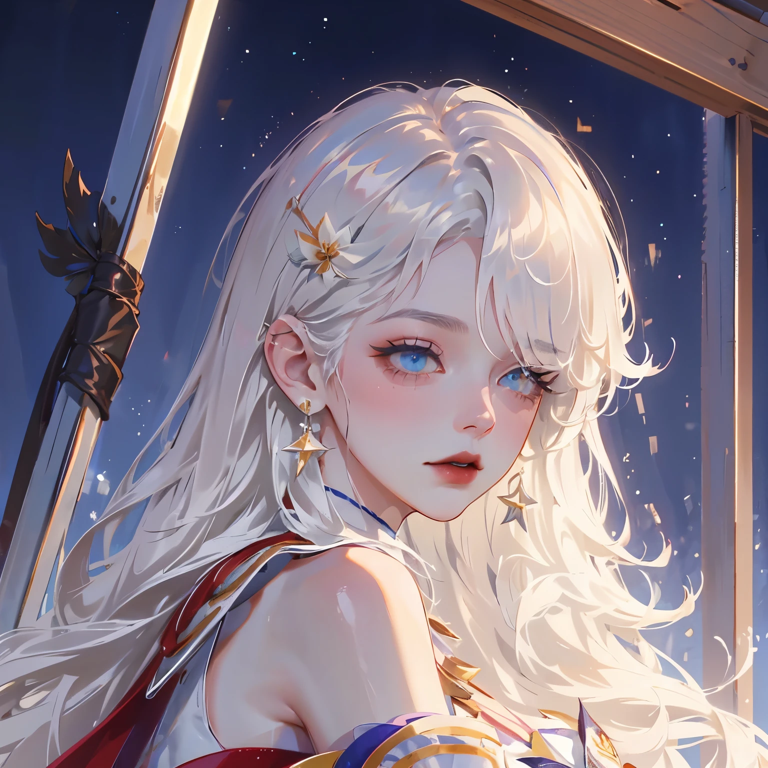 1 Girl,Solitary,1 Girl,Solitary,((Beautiful and delicate eyes)), (Detailed lighting),Depth of Field,(White hair),Silver Eyes,Hair covering one eye,(safflower ), Flowering,Long hair,Black cape,wet,callous,look back,night,Starfall,rain,FOG,safflowers falling,sketch,Upper Body,Strong shadows,