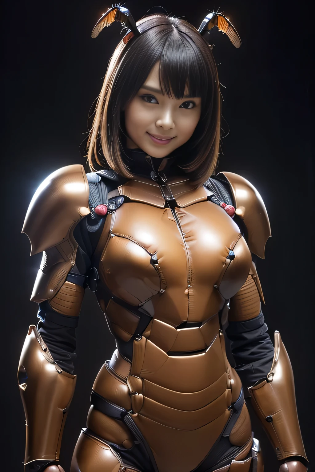 (high resolution,masterpiece,best quality,extremely detailed CG, anime, official art:1.4), realistic, photo, amazing fine details, all intricate, gloss and shiny,awesome many layers, 8k wall paper, 3d, sketch, kawaii, illustration,( solo:1.4), perfect female proportion,villainess, (fusion of dark brown cockroach and lady:1.4), (brown cockroach form lady:1.2), (brown cockroach lady:1.2), (fusion:1.2), (solo:1.4), (evil smile:1.2), muscular, abs, (cockroach brown exoskeleton bio insect suit:1.4), (cockroach brown exoskeleton bio insect armor:1.2), (brown transparency cockroach wing:1.4), (brown cockroach antennae:1.3),