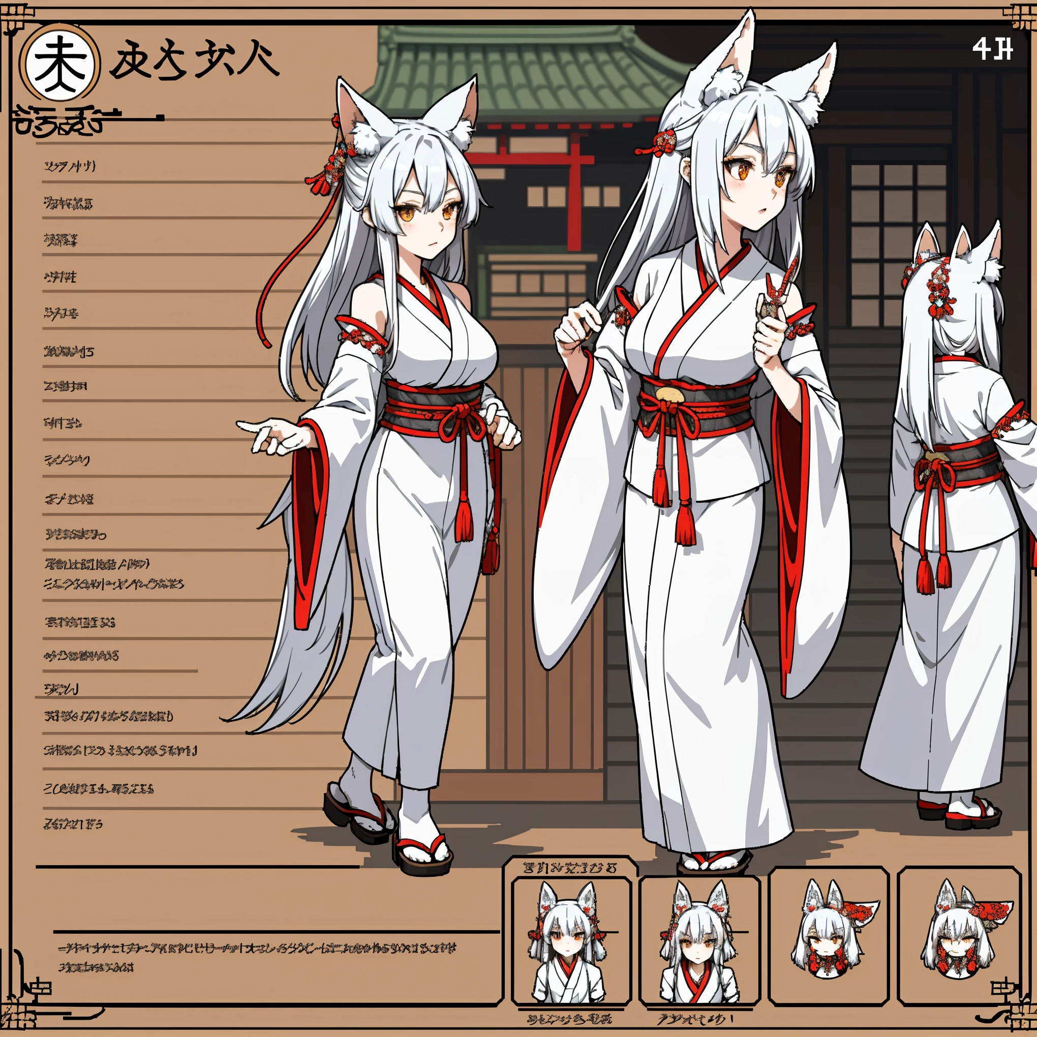 Character Sheet, A graceful wild fox girl with mostly silver hair, Japanese Shrine Maiden Costume, variation, Highest quality, pixel