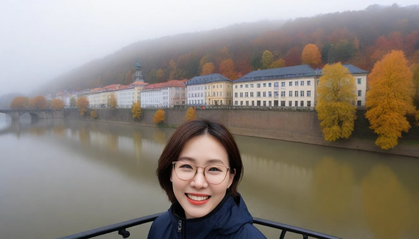 8K high quality, 1 woman, ((36 years old 건강한 한국 여성)), ((36 years old)), 1 woman, The eyes are big and beautiful. ((slim)), ((short medium hair)), laugh. pose: standing, High-end luxury windbreaker jacket, background: Your residence is a baroque townhouse with a plaster façade and wrought iron railings.... Overlooking the Heidelberg River, Germany, autumn, Morning fog,, looking slightly upward, 1 woman, Full body shot with Canon 16-34 wide angle lens, View: river view, look sideways, There is a thick fog in the river.