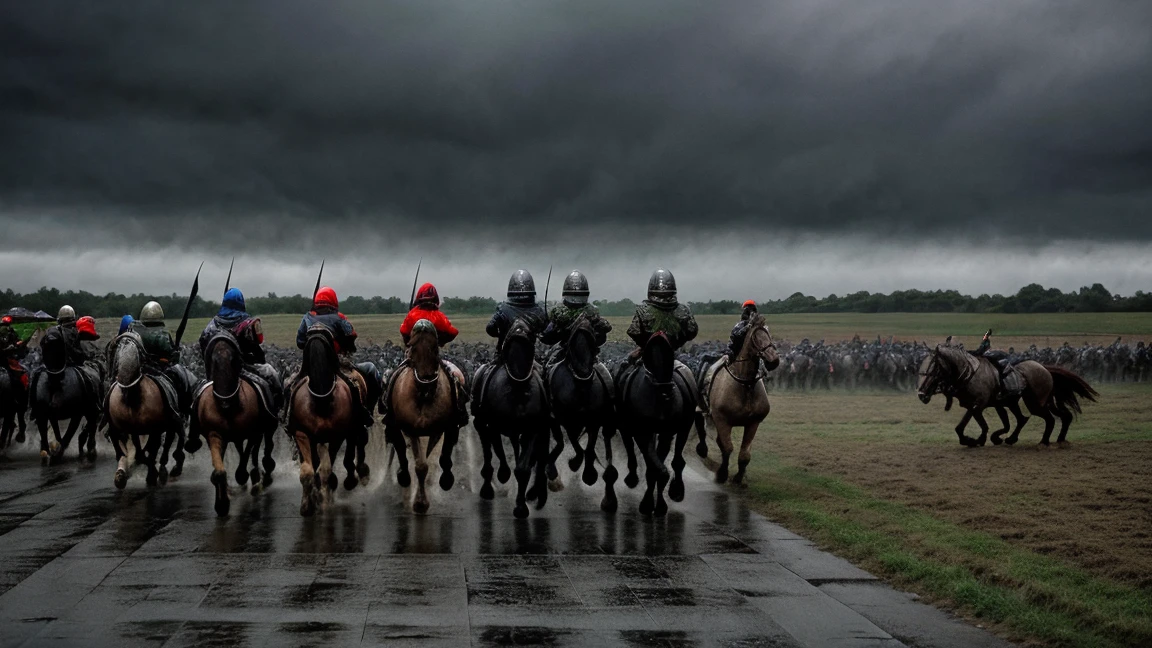 epic medieval army of armoured horse knights running towards the camera, cinematic, wide shot, rainy weather, field, epic