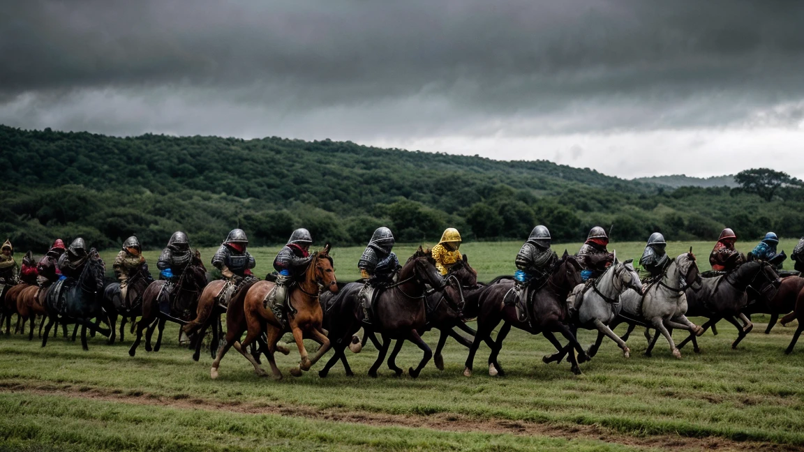 epic medieval army of armoured horse knights running towards the camera, cinematic, wide shot, rainy weather, field, epic