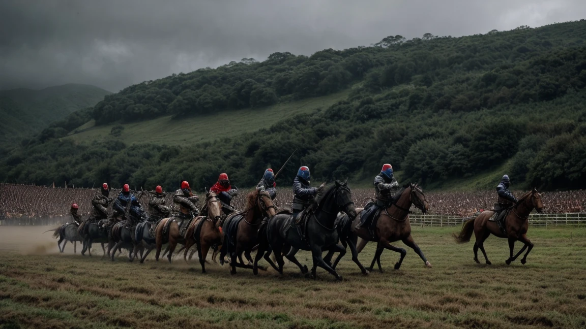 epic medieval army of armoured horse knights running towards the camera, cinematic, wide shot, rainy weather, field, epic
