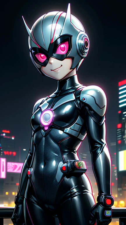 (8k),(masterpiece),(Japanese),(8-year-old girl),((innocent look)),((Childish)),From the front,smile,cute,Innocent,Kind eyes,Flat chest,black helmet, grey domino mask,Aurora, bald,no Hair,Strong wind,night,dark, Neon light cyberpunk city,Kamen_Rider,camisa