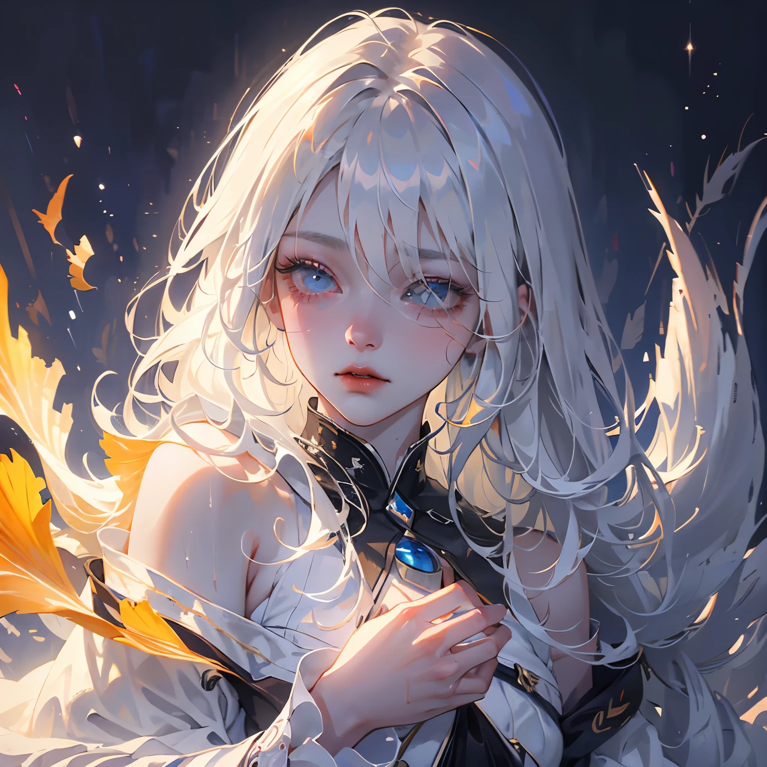 1 Girl,Solitary,1 Girl,Solitary,((Beautiful and delicate eyes)), (Detailed lighting),Depth of Field,(White hair),Silver Eyes,Hair covering one eye,(safflower ), Flowering,Long hair,Black cape,wet,callous,look back,night,Starfall,rain,FOG,safflowers falling,sketch,Upper Body,Strong shadows,