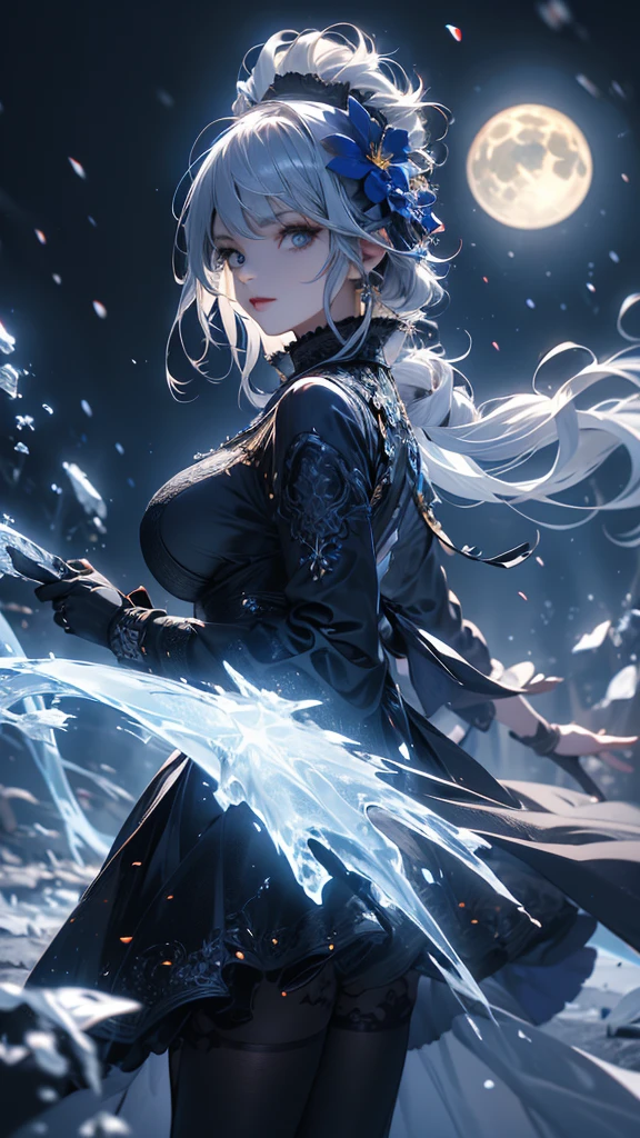 masterpiece, high quality, 4K, Beautiful design, silhouette，Gray Hair， 非常に詳細な夜のStarry Sky,Flower Field， wonderful, Finer details,  Very knowledgeable woman, Highly detailed solo, 1 female,blue eyes，Big Breasts，Gothic Lolita Fashion，Night view，Starry Sky，Blue Full Moon，ice World，