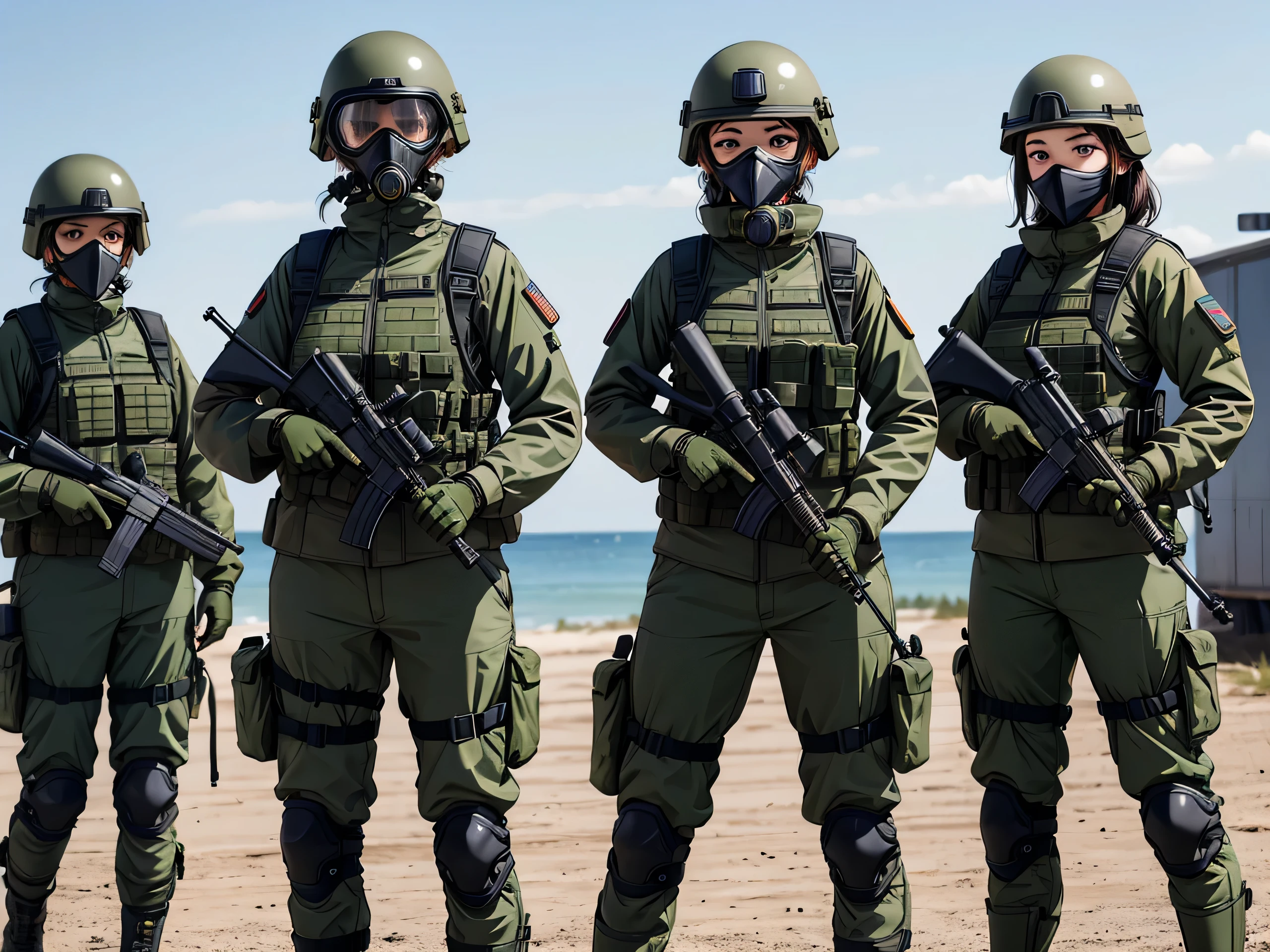 Three female special forces soldiers wearing helmets、Standing side by side、Wearing dark green M-51 military uniform、Gas Mask、Goggles、Bulletproof vests、Knee pads、Write details、masterpiece、best quality、Highly detailed CG、8K picture quality