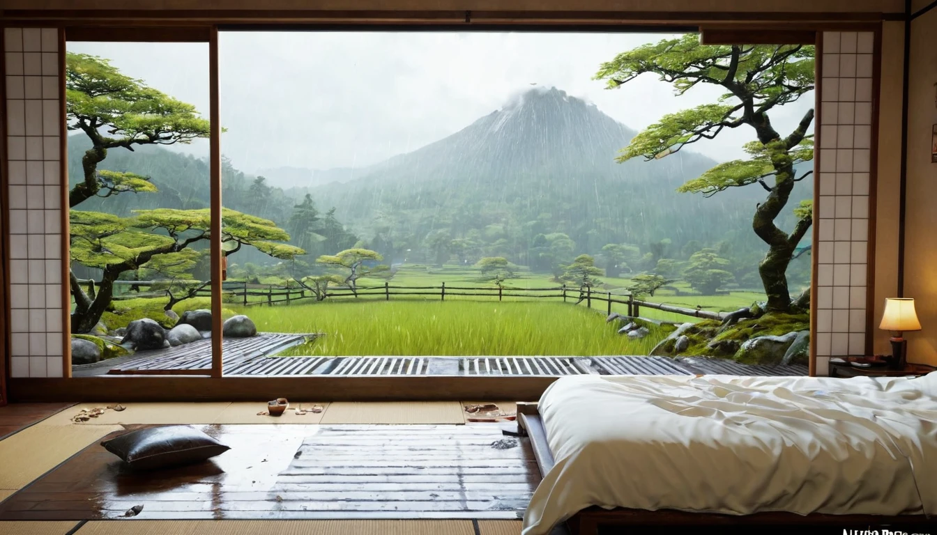 there is a bedroom with a large window and a view of the rain, akihiko yoshida. unreal engine, lush japanese landscape, japanese vfx, quiet and serene atmosphere, rainy day. game render, hyperrealistic landscape, inspired by Shūbun Tenshō, hyper-realistic environment, matte painting unreal engine, ultrarealistic matte painting