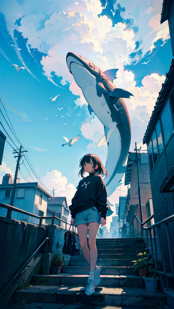 masterpiece, Exquisite detail,Highest quality, One girl, alone, handrail, cloud, Looking up at the buildings,Long Hair, zero, Long sleeve, Power lines, White footwear, Black Hair, View your viewers, Electric pole, bangs, cloudy zero, fish, bird, Green Eyes, Shorts, Day, Black Shirt, barefoot,Whale flying in the sky,Giant whale,night,Star,milky way,night,Pitch black,Buildings,Standing and looking up