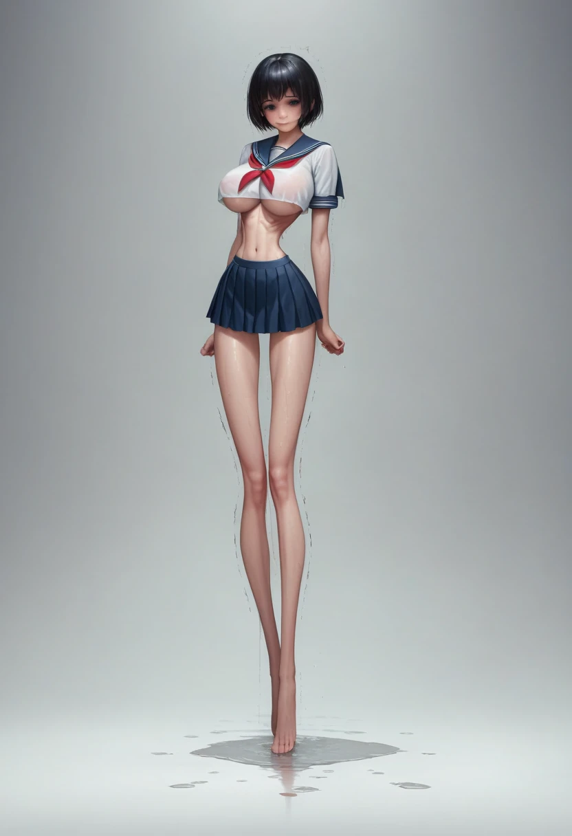 (masterpiece, best quality:1.2), Realistic photo, front shot, beautiful thin 1girl, (super big breasts, micro waist, very long legs:1.4), Black hair, short bob hair, (Extremely skinny), short height, Light Skin, cute big eyes, Small Mouth, cute beautiful thin face, forced smile, serafuku, mini skirt, Arched back, pigeon-toed, Embarrassing pose, Long and thin navel, (beautiful visible ribs), wet and sweaty, Trembling