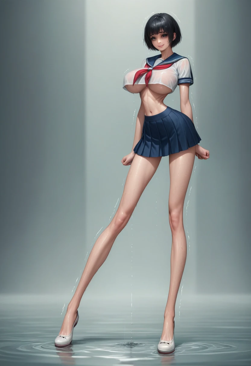 (masterpiece, best quality:1.2), Realistic photo, front shot, beautiful thin 1girl, (super big breasts, micro waist, very long legs:1.4), Black hair, short bob hair, (Extremely skinny), short height, Light Skin, cute big eyes, Small Mouth, cute beautiful thin face, forced smile, serafuku, mini skirt, Arched back, pigeon-toed, Embarrassing pose, Long and thin navel, (beautiful visible ribs), wet and sweaty, Trembling